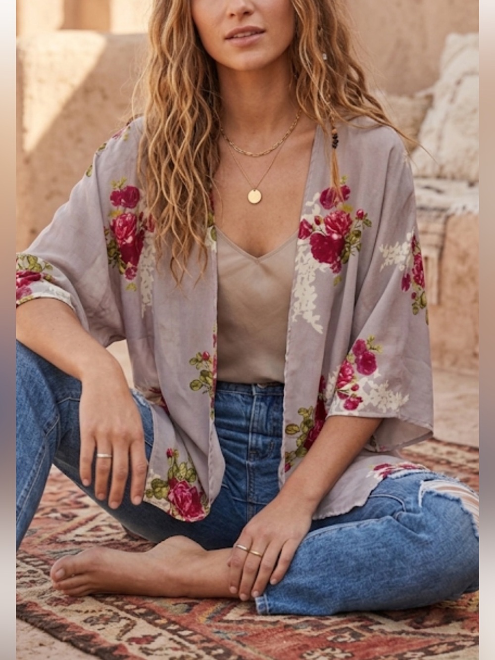 Purple Sheer Floral Kimono Cardigan Rose Print Lightweight Open Front Medium
